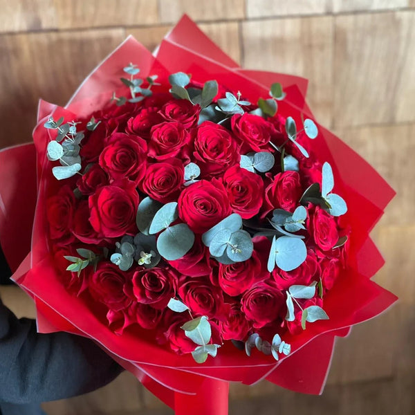 Eucalyptus And 50 Red Roses