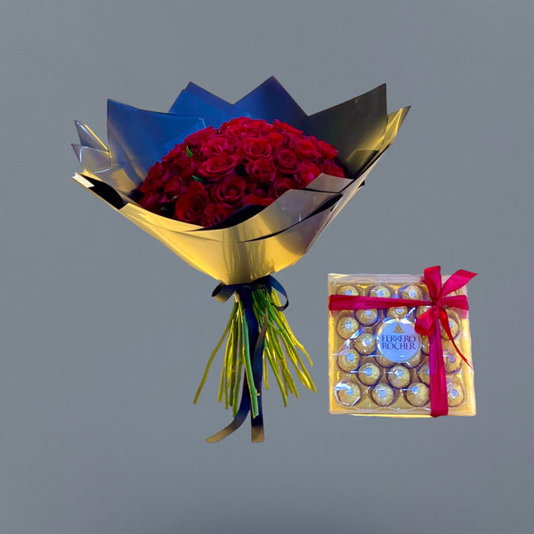 Flower bouquet and chocolates