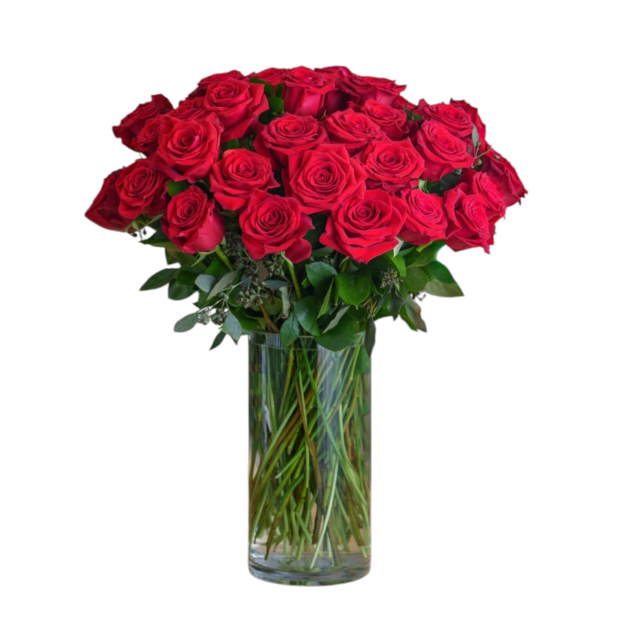 Red Passion – 31 Red Roses in a Glass Vase